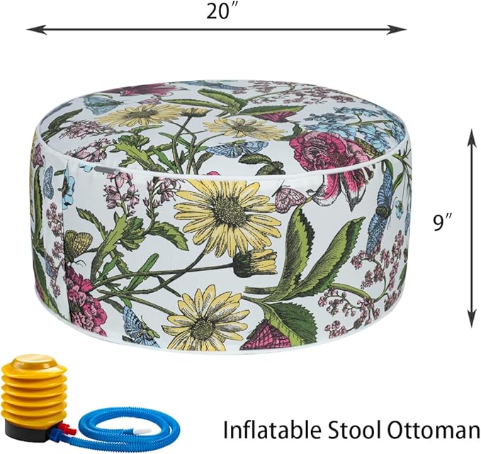 FUNHOME Inflatable Outdoor Ottoman with Air Pump,20"x9" Portable Patio Pouf,Water Resistant,Fade-Resistant,Round Blow Up Footrest Stools for Home Garden Camping Travel(Butterfly Flower)
