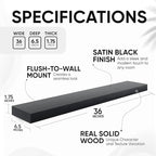 Homeforia Black Floating Shelves 36 inches Long, High End Solid Real Wood 36 inch Floating Shelf for Wall Mounted, Black Wooden 36in Floating Shelves, Heavy Duty Bracket, 36 X 6.5 X 1.75 in, Set of 3
