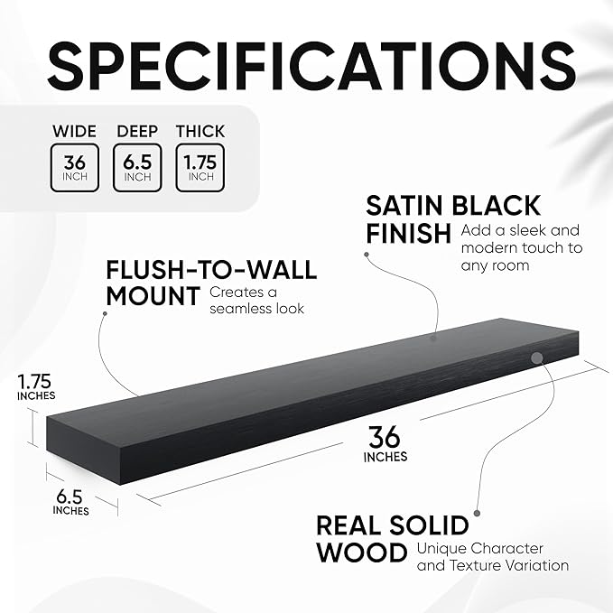 Homeforia Black Floating Shelves 36 inches Long, High End Solid Real Wood 36 inch Floating Shelf for Wall Mounted, Black Wooden 36in Floating Shelves, Heavy Duty Bracket, 36 X 6.5 X 1.75 in, Set of 3