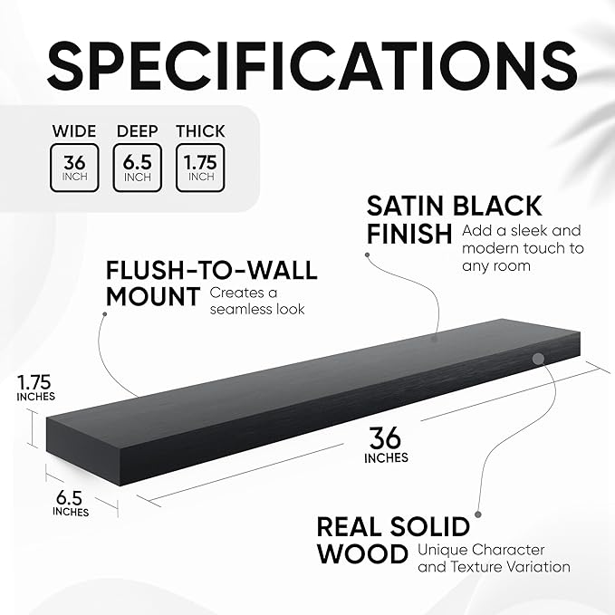 Homeforia Black Floating Shelves 36 inches Long, High End Solid Real Wood 36 inch Floating Shelf for Wall Mounted, Black Wooden 36in Floating Shelves, Heavy Duty Bracket, 36 X 6.5 X 1.75 in, Set of 4