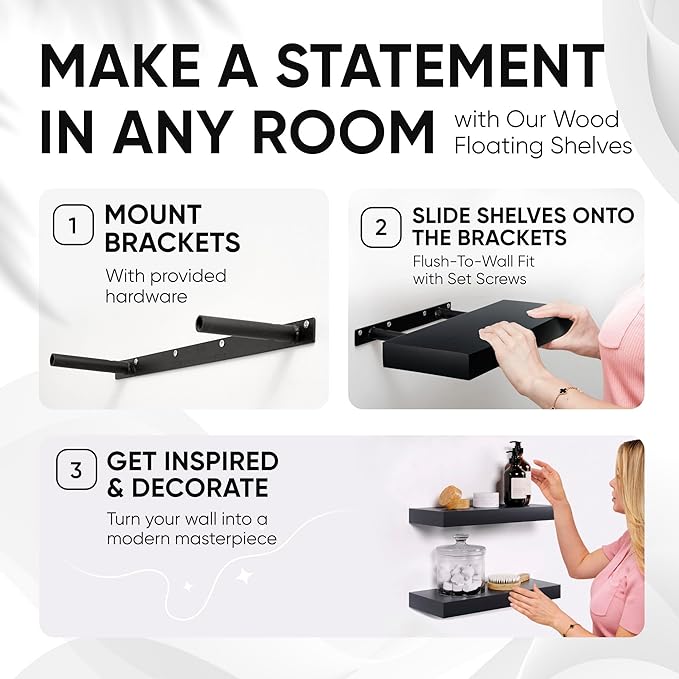 Homeforia 16 inch Black Floating Shelves, High End Solid Real Wood 16inch Bathroom Floating Shelves for Wall Mounted, 16in Wooden Small Floating Shelf, Heavy Duty Bracket, 16 X 6.5 X 1.75 in, Set of 3