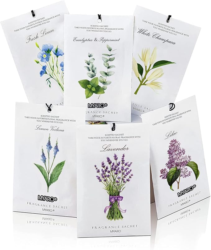 MYARO 12 Pcs Scented Sachets for Drawer and Closet, Long-Lasting Sachets Bags Air Freshener, Potpourri Bags 6 Fresh Scents - Lavender, Linen, Lilac, Eucalyptus Mint, Lemon Verbena, White Champaca