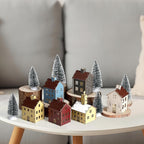 18pcs Wooden Christmas Village Set Colorful Houses and Multicolored Church with Electronic Candle Light and Xmas Tree for Christmas Party Supplies and Holiday Figurines Gift