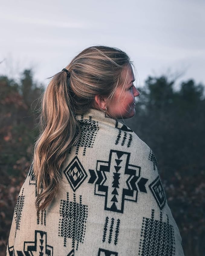 Inca Aztec Throw, Queen, King Blanket | Southwest Indian Navajo Boho Style | Native Cover for Camping, Bedding, Couch, Vanlife | Faux Alpaca, Lightweight, Hypoallergenic (Obsidian Black, King)