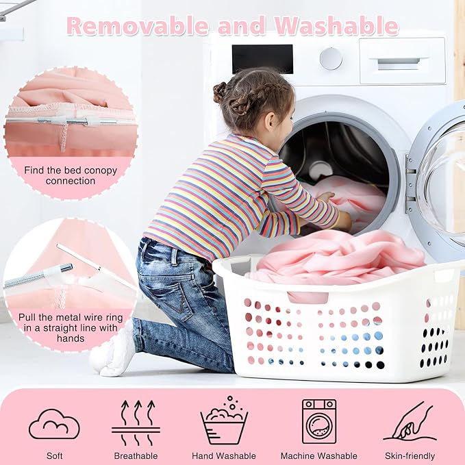 Bed Canopy with Star Lights, Double Layer Bed Canopy for Girls, Princess Canopy Bed Curtain for Twin Bed, Breathable Kids Dreamy Play Tent Room Castle Reading Nook, Machine Washable, 26''x125'' - Pink