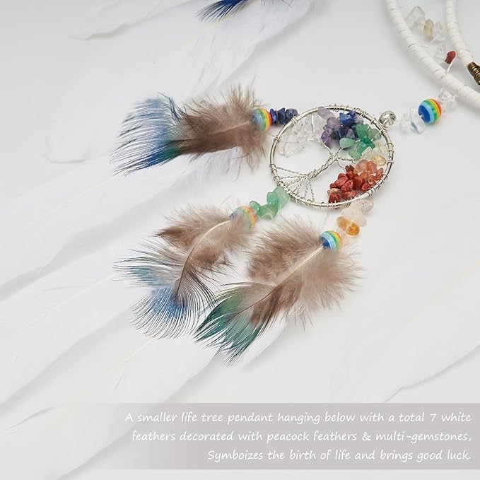 7 Chakras White Tree of Life Dream Catchers Wall Decor with Rainbow Healing Crystal Stone Handmade Art Feather Dreamcatcher Wall Hanging Ornament for Bedroom Decor Blessing Gift Wedding Party-23.6"
