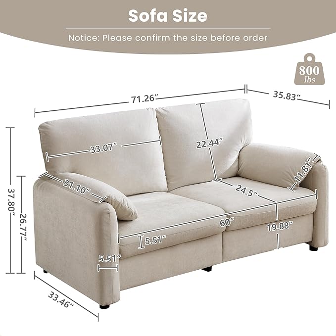 Modern Loveseat Sofa Couch for Living Room,Chenille Recliner, Spring Cushions, Solid Wood Frame,with Down Filled&Deep Seat,for Bedroom, Apartment, Office（(70.26inch Beige)