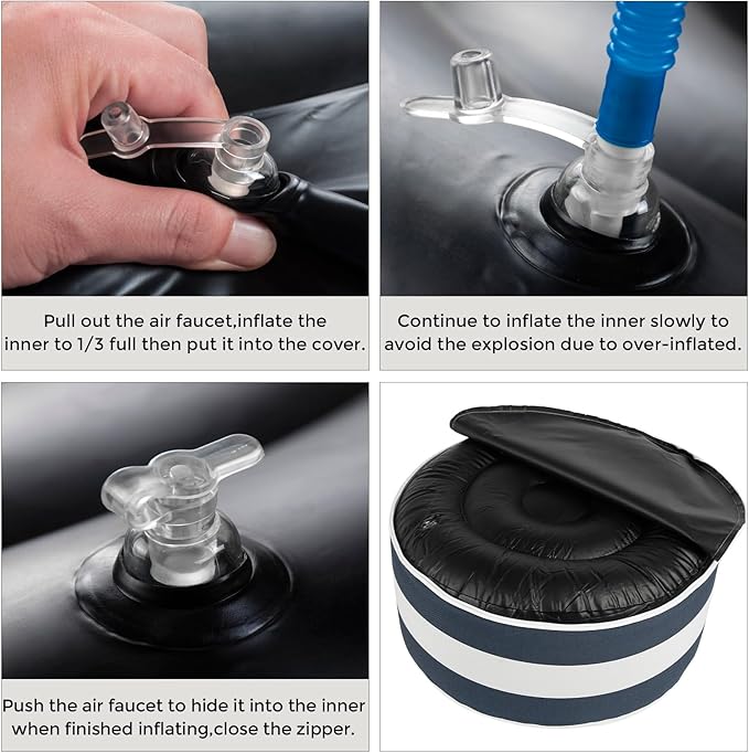 FUNHOME Inflatable Outdoor Ottoman with Air Pump,20"x9" Portable Patio Pouf,Water Resistant,Fade-Resistant,Round Blow Up Footrest Stools for Home Garden Camping Travel(Blue White)