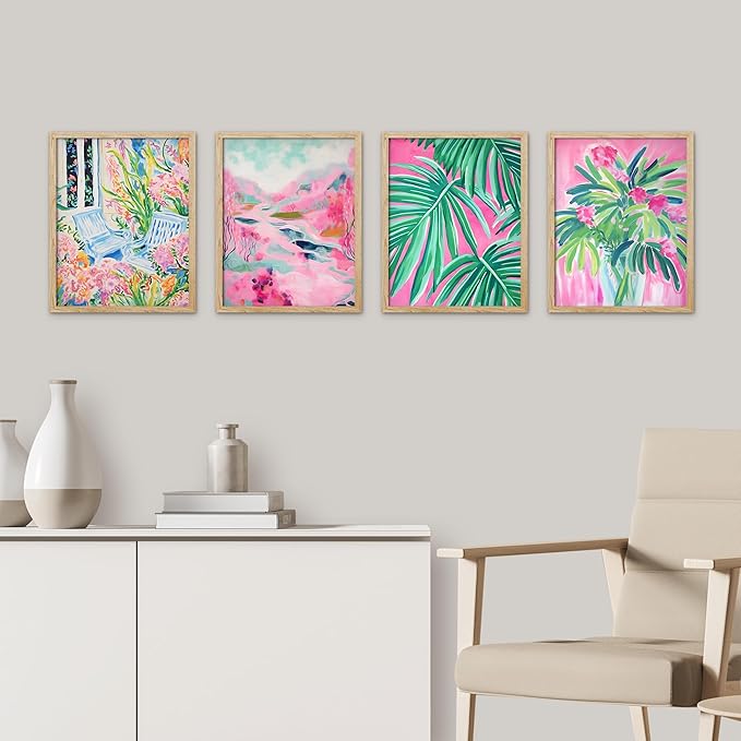 SIGNWIN Framed Tropical and Floral Bright Botanical Preppy Room Decor Pink Decor Digital Art Modern Art Decorative Multicolor Scenic for Bedroom - 12"x16"x4 Natural