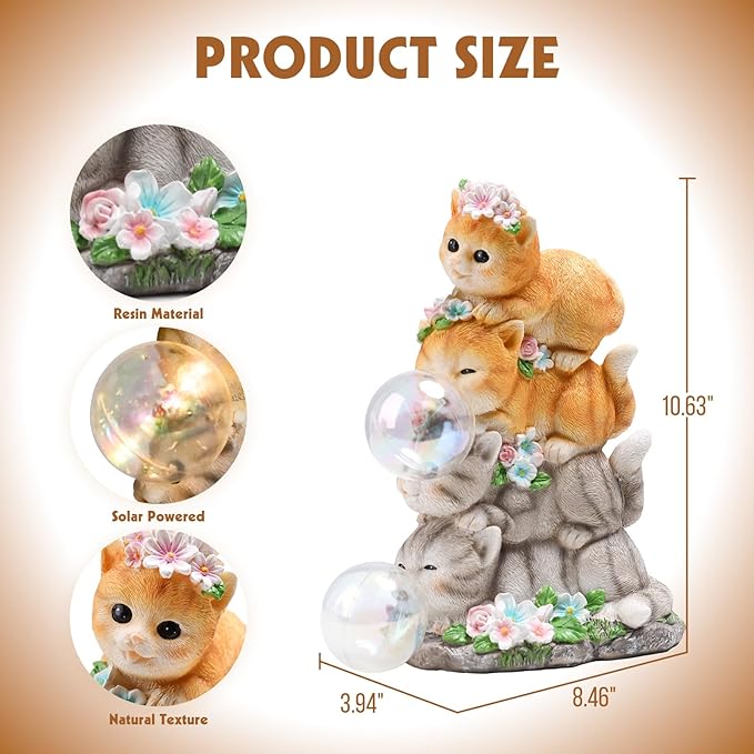 Solar Cat Garden Statue Resin Cat Statue Decor Outdoor with LED Lights for Outside Yard Art Lawn Ornaments Patio, Cat Lovers Gifts