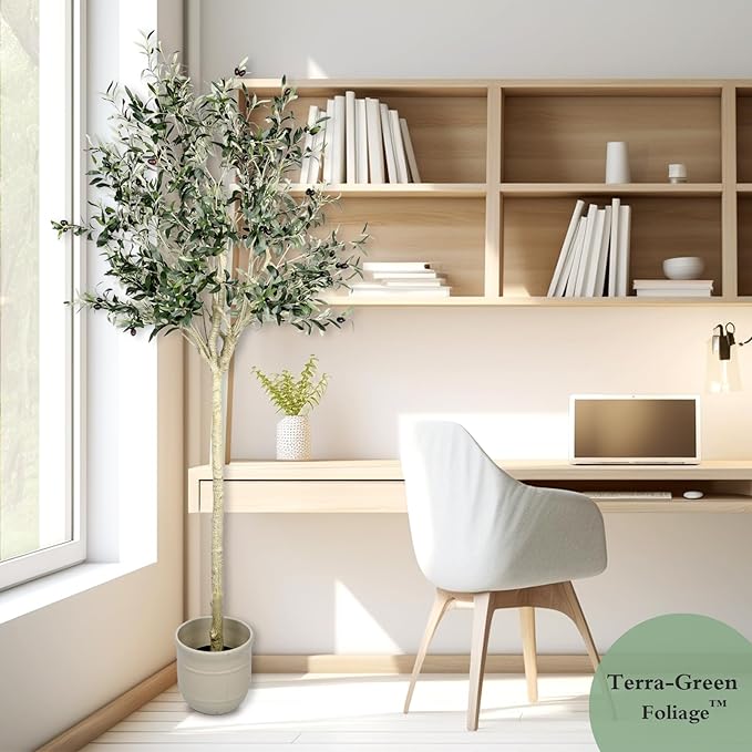 Artificial Olive Tree 7.5 ft Natural Olive Branches and Realistic Leaves for Modern Home Office Living Room Floor Decor 90 Inch