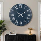 Large Wall Clock with Roman Numeral, 35” Shiplap Wall Clock Farmhouse Nearly Non-Ticking, Round Clock for Living Room Decor, Office, Bedroom, Entrance, Blue