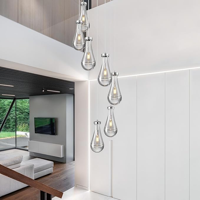 Raindrop Pendant Lights Kitchen Island Teardrop Chrome Hanging Light Fixtures Clear Solid Glass Pendant Light Modern Chandeliers for Dining Room Porch Corridor Living Room(7-Light)