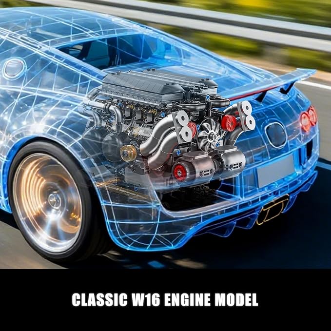 W16 Engine Building Blocks Set for Adults, STEM Mini 16-Cylinder Engine Model Kit That Runs, Compatible with Lego Car, DIY Physical Science Experiment Toy for Teens Kids Boys (801 PCS)