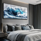 PHAOHUAXM Large Canvas Blue Wave Paintings Wall Art For Living Room Wall Decoration For Bedroom Ocean Wall Pictures Printing Office Decorations Posters Modern Home Decor Black Framed 30x60 In
