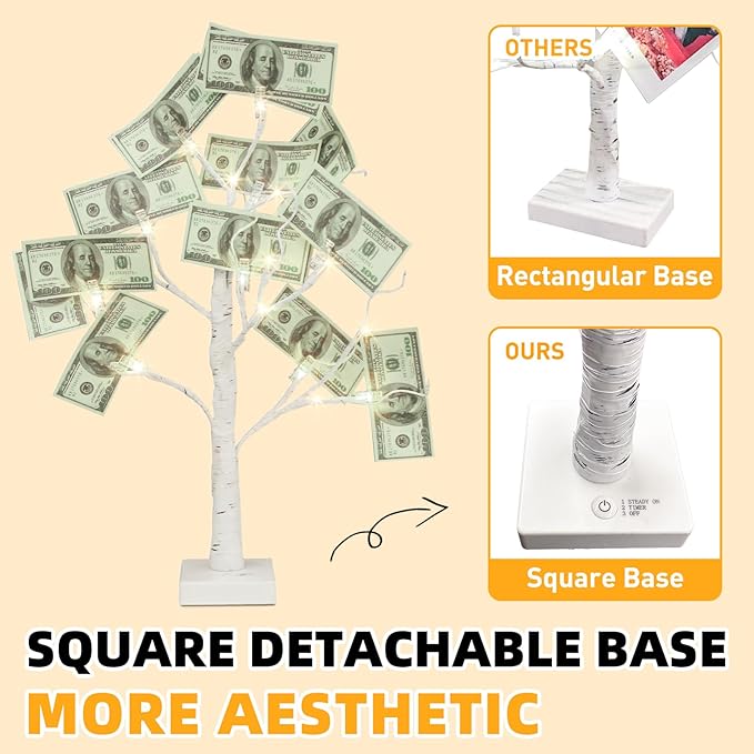PABIPABI Money Tree Gift Holder, 24 LED Lighted Display Tree with 6 Clear Clips, Battery/USB Powered Timer Birch Tree for Christmas, Memo, Present Card, Photo, Wedding, Birthday Graduation