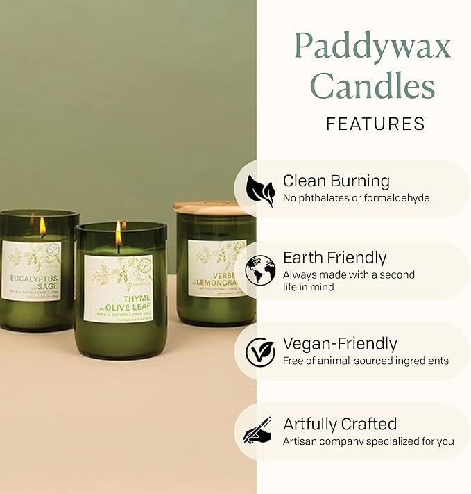 Paddywax Eco Collection Scented Soy Wax Candle in Glass Jar, Verbena & Lemongrass Fragrance, Green Vessel with Wood Lid, 8 oz