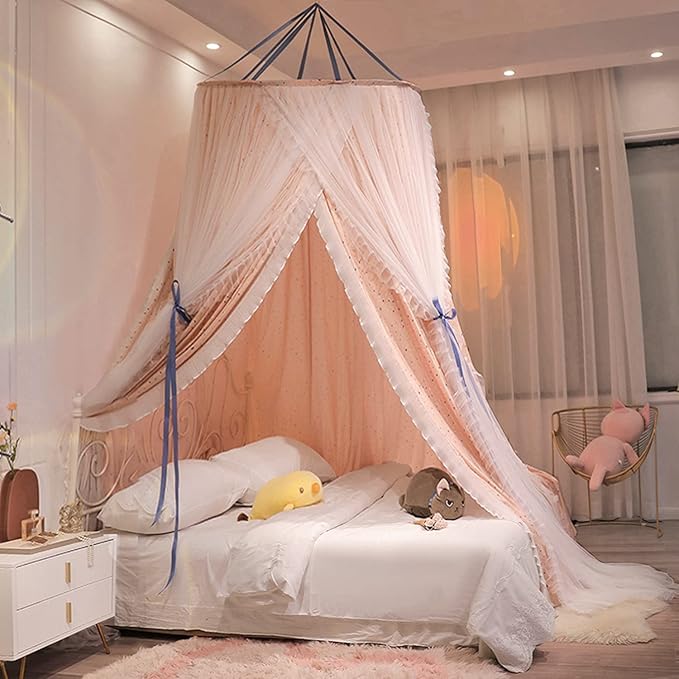 Kertnic Luxurious Bed Canopy for Girls & Adults, Large Elegant Double Layer Bed Curtain Canopy Drapes, Round Dome Lace Princess Canopies Netting (Star)