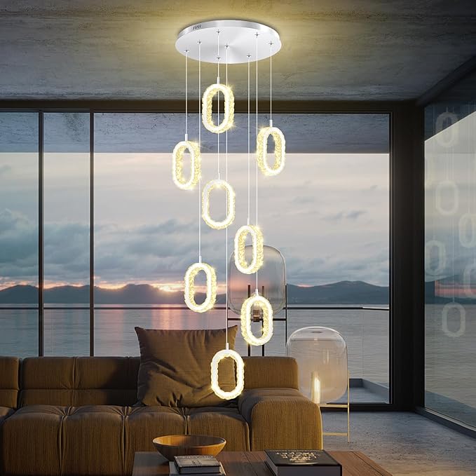 Silver 8 Rings Crystal Chandelier for Foyer Stairwell High Ceiling Chandelier Dimmable Oval Crystal Ring Pendant Light
