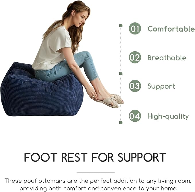 HIGOGOGO Square Stuffed Pouf Ottoman, Corduroy Poufs with Foam Chunk Filling, Furry and Fluffy Pouf Foot Stool Storage Ottoman, 21 X 21 Floor Poufs Foot Rest for Living Room, Navy