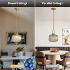 Modern Amber Glass Pendant Light Fixtures, Mid Century Pendant Lights for Kitchen Island, 9.8" Gold Adjustable Height Ceiling Hanging Light Fixtures for Dining Room Entryway Bedroom Foyer Hallway