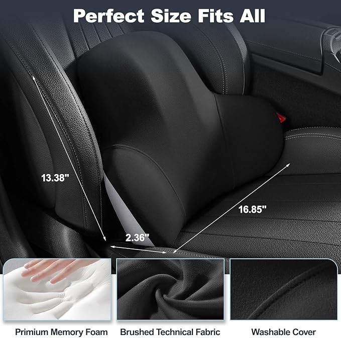 Lumbar Support for Car - Back Cushion for Driving Seat Lower Back Pain Relief - Memory Foam Lumbar Pillow for Car/Office Chair - Ergonomic Streamline Soft Washable Cover-Black&Grey