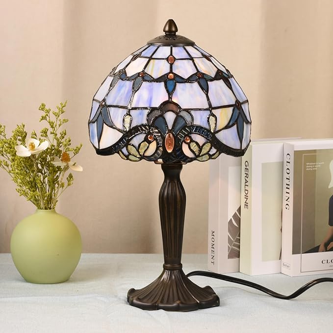 TL0006 Tiffany Lamp Baroque Design Stained Glass Table Lamp for Living Room Bedroom Bedside Nightstand Home Office, 8" D x 14.25" H, LED Bulb Included (Blue Baroque)