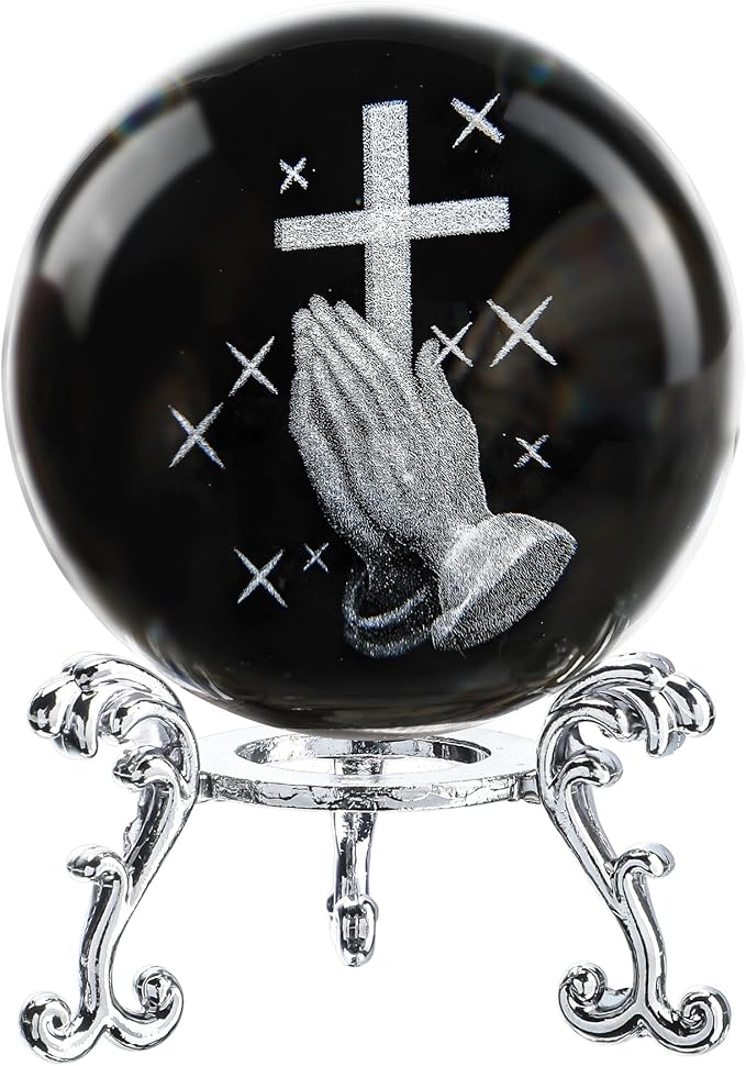 60mm 3D Laser Engraved Hand Holding A Cross Crystal Ball Figurine with Stand Christian Collectible Decoration for Home Office Praying Religious Gifts for Women