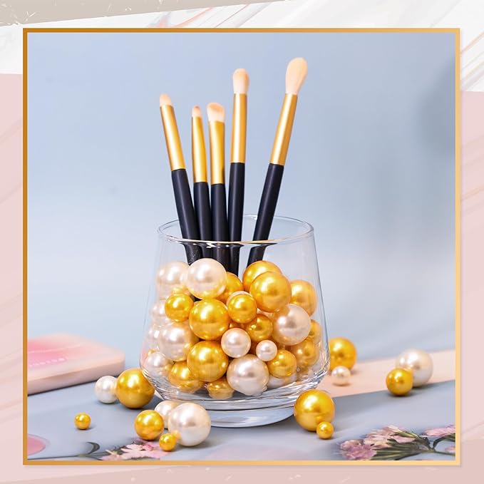 300Pcs Vase Filler Ivory and Golden Yellow No Hole Faux Pearl Beads for Vase Filling Decorations, Candle Centerpieces, Wedding Centerpieces, Home Party Decor (8/14/20mm)