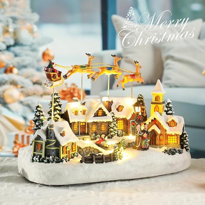 taman Christmas Village Collectible Buildings - Santa Claus Riding Sleigh with 3-Elk Warm Light Christmas Ornaments for Holiday Decorations