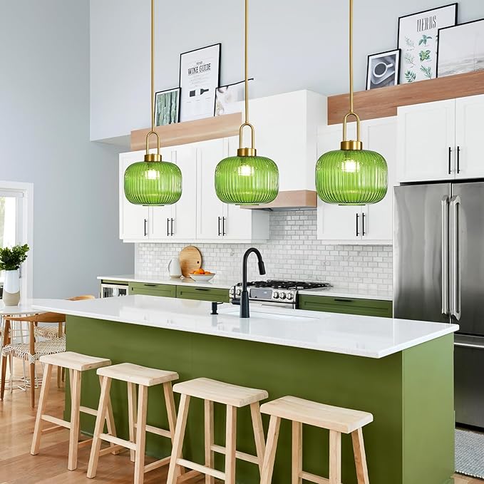 Modern Green Glass Pendant Light Fixtures, Mid Century Pendant Lights for Kitchen Island, 9.8" Gold Adjustable Height Ceiling Hanging Light Fixtures for Dining Room Entryway Bedroom Foyer Hallway