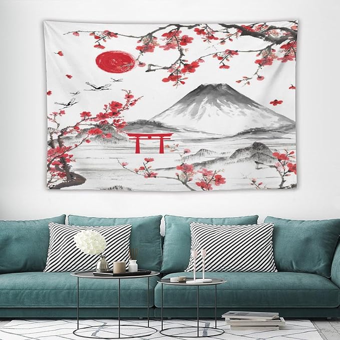 Red Cherry Blossoms Tapestry, Japanese Fuji Mountain Tapestry, Asian Japanese Wall Tapestry, Nature Landscape Tapestries for Bedroom Living Room Decor 90"x60"