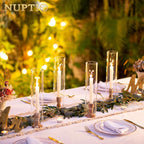 NUPTIO Hurricane Glass Candle Holder: 10 Pcs Vintage Wood Candlestick Holders 14 inch Bulk Wooden Candle Sticks Holder with Bottomless Cylinder Candleholder for Outdoor Wedding Holiday Event Decor