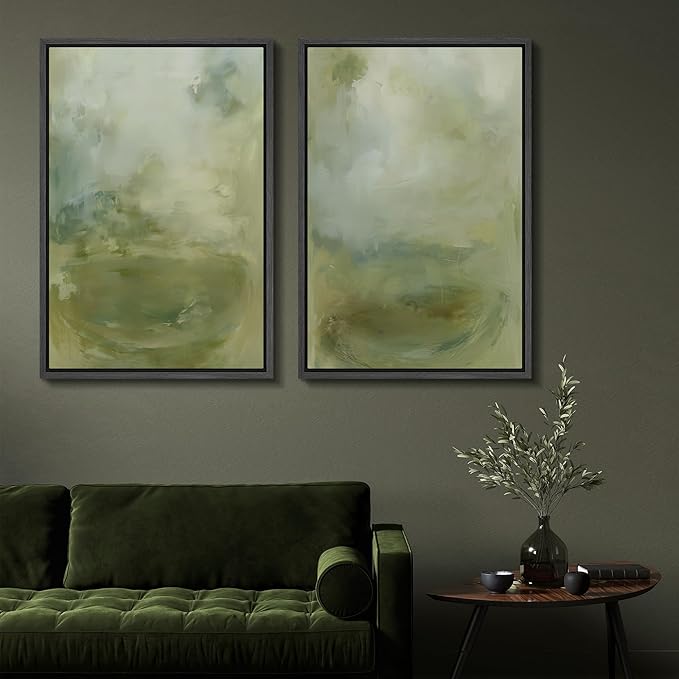 SIGNFORD Framed Canvas Print Wall Art Set Soft Green Abstract Contemporary Neutral Landscape Illustration Modern Art Decorative Nordic Nature for Living Room, Bedroom, Office - 16"x24"x2 Black