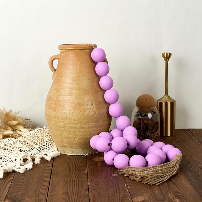 OMISHE 60" Long Large Wood Bead Garland with 1.6" Diameter Wooden Beads and Tassels, Rustic Farmhouse Country Wood Beads Garland for Home Tiered Tray Decor, Decorative Beads with Tassels Purple