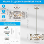 XINGQI Nickel Ceiling Light Adjustable Height Pendant Lighting Fixture 3-Light Metal Lamp 13" Rustic Round Lights for Dining Room Kitchen Bedroom Foyer Hallway