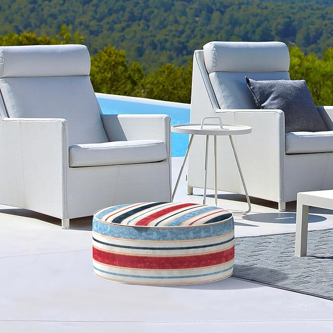 LVTXIII Inflatable Stool Ottoman Footrest with Handle, Decorative Fade-Resistant Foot Stool, Indoor or Outdoor Pouf for Home Garden and Camping Use, D21 x W 21 x H9, Stripe Red Blue