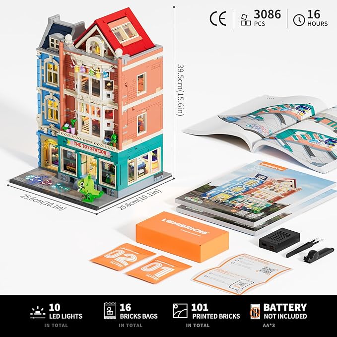 Toy-Store Lighting Building-Bricks Set – City Town Modular Townhouse Toy Shop Dollhouse LED Light Display Model 3086 Pcs Construction Kit for Adults and Teens