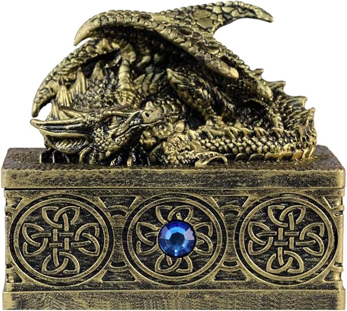 Dragon Statue Jewelry Box - Medieval Fantasy Myth with Cover Treasure Box, Dragon Statue Decoration Collection Gift Box (Antique Bronze)
