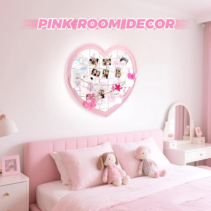Pink Preppy Coquette Room Decor, Heart Shape Wire Wall Grid Panel for Photo Display Board and Wall Storage Organizer, Wall Decor for Teen Girls and Women Home Bedroom Living Room and Dorm
