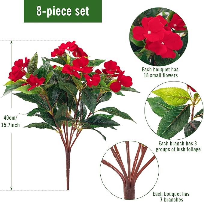 Uqueeten15.7” Fall Decorations for Home Fake Fall Flowers Fake Plants Artificial Impatiens Bouquet Flowers for Outdoors Silk Faux Flowers Impatiens Plants Decor Indoor Planters 8PCS (Red)