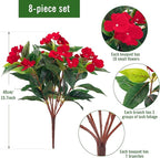 Uqueeten15.7” Fall Decorations for Home Fake Fall Flowers Fake Plants Artificial Impatiens Bouquet Flowers for Outdoors Silk Faux Flowers Impatiens Plants Decor Indoor Planters 8PCS (Red)