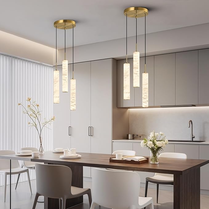 LMQNINE Natural Alabaster Pendant Lights for Kitchen Island White Marble Long Tube Chandelier Modern Gold Ceiling Light Fixtures for Bedroom Dining Room Table Living Room Hallway(M-3Light)