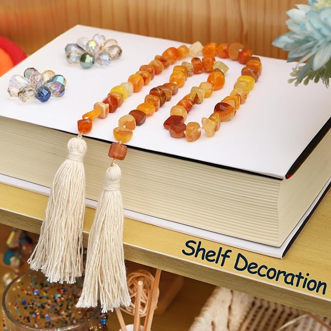 Agate Stone Hand Knotted Garland Modern Farmhouse Rustic Table Home Decor, 30inch Meditation Accessories with Tassel, Prayer Healing Beads Boho Wall Shelf Hanging Decoration (Orange)