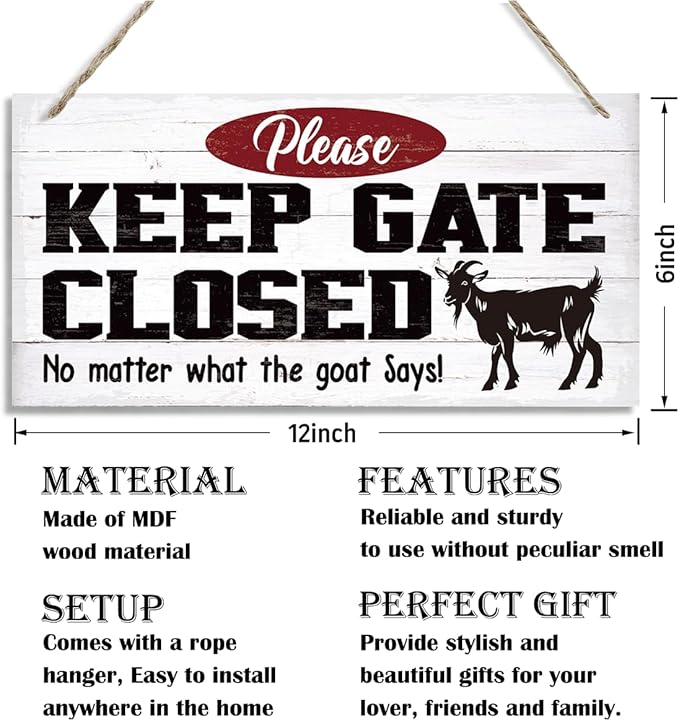 Warning Signs, Keep Gate Closed Goat Sign, Decorative Wood Hanging Wood Plaque, Warning Animal Goat Sign, Funny Novelty Caution Goat Sign for Farm Fence Decor, Farmhouse Home Decor, Gate Sign
