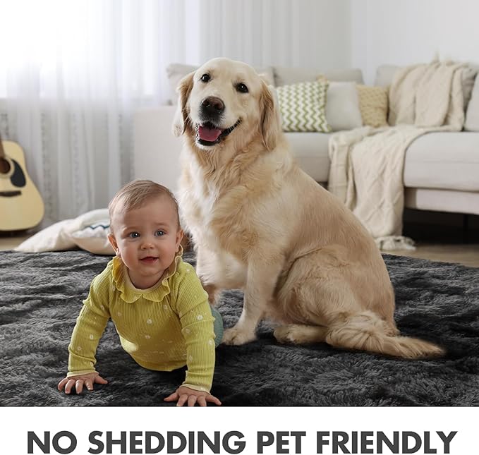 8x10 Ft Extra Large Shag Rugs for Living Room, Tie Dyed Ultra Soft Fluffy Furry Area Rugs for Bedroom Indoor Floor, Aesthetic Carpet for Kids Home Decor (Dark Grey)