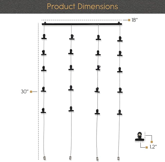You Have Space 2 Pack Hanging Picture Display Photo Holders with Metal Cable Strings and 40 Magnetic Clips Metal Black