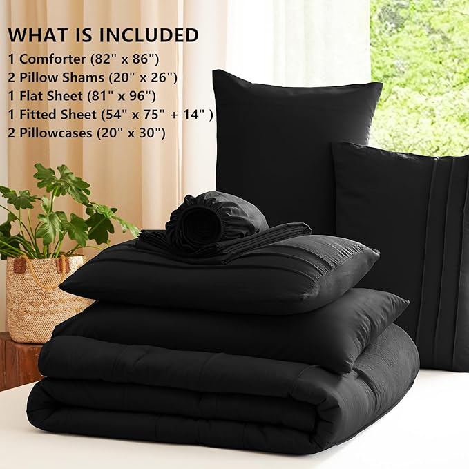 CozyLux Full Size Comforter Sets Black, 7 Pieces Soft Pinch Pleat Bed in a Bag Full Comforter Set with Sheets, Boho Bed Set with Down Alternative Comforter, Sheets, Pillowcases & Shams