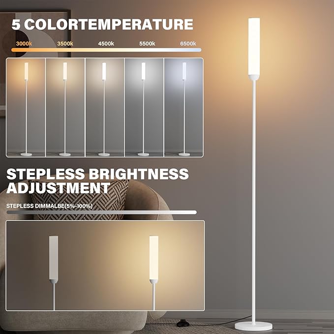 LED Floor Lamp with Remote Control, 65" Standing lamp with Stepless Adjustable 3000K-6500K Colors & 5%-100% Brightness, Foot Switch(White)