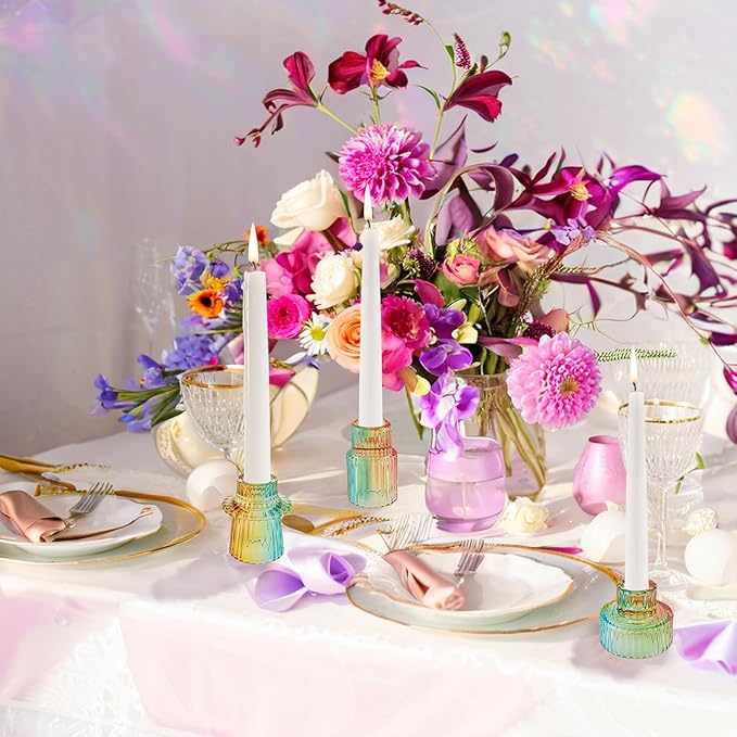 Double Sided Vintage Ribbed Taper Glass Candle Holders,Tea Candle Holder for Table Centerpieces, Wedding Decorations and Dinner Parties (Rainbow, 3 PCS)